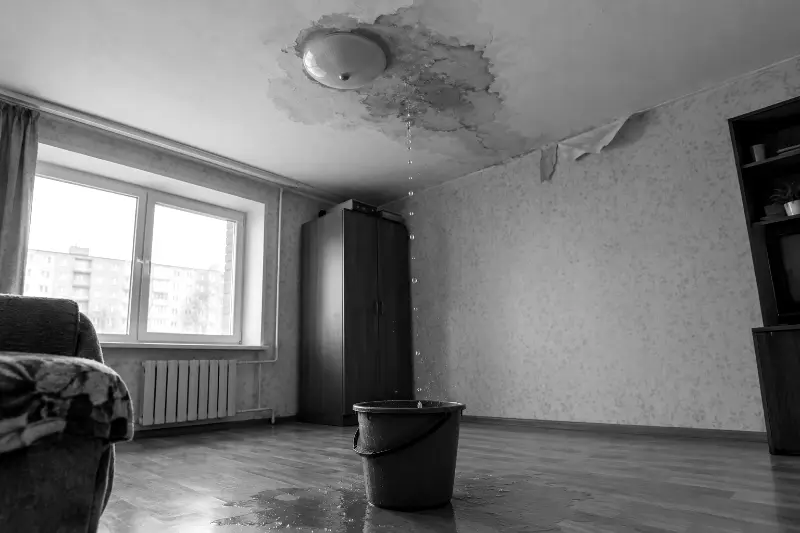 Квартира после залива сверху: пятно на потолке, капли в ведро, отклеились обои